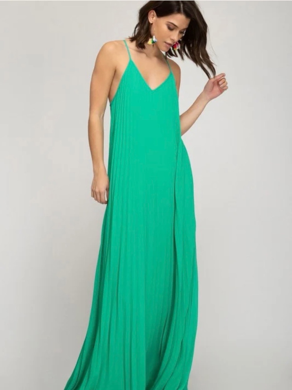 Judith March V-Neck Spaghetti Strap Maxi Dress in Emerald